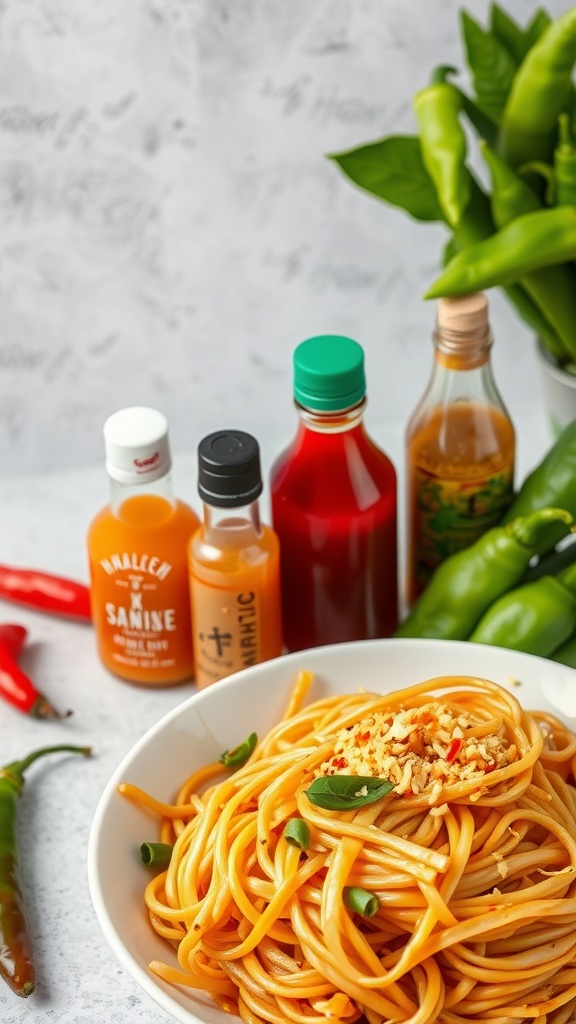 A bowl of Hakka noodles with colorful vegetables and sauces.