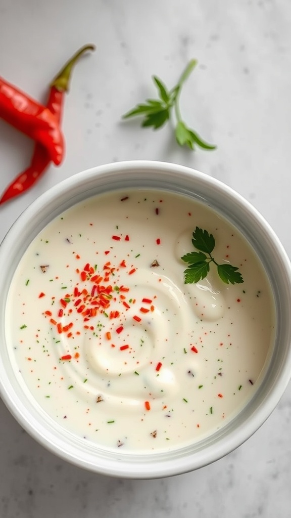Bowl of spicy alfredo sauce garnished with red pepper flakes and parsley