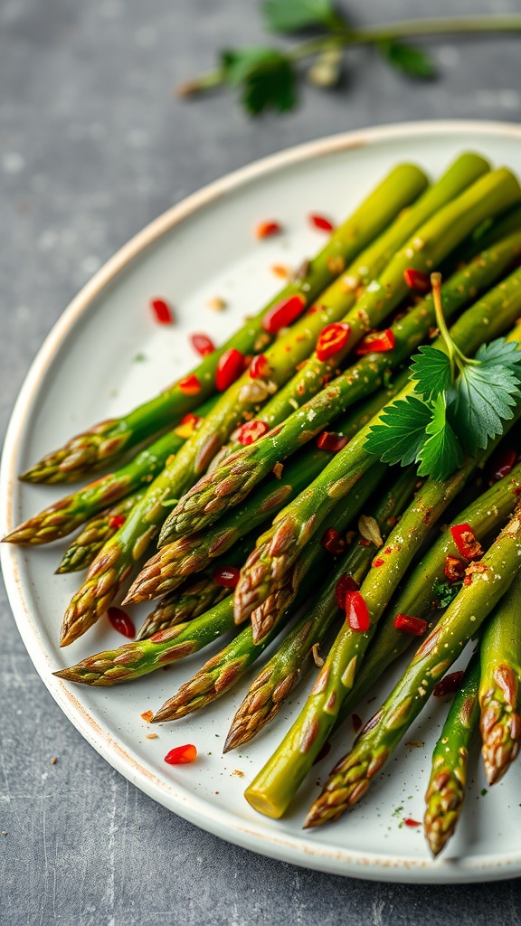 Spicy asparagus with chili flakes garnished with parsley