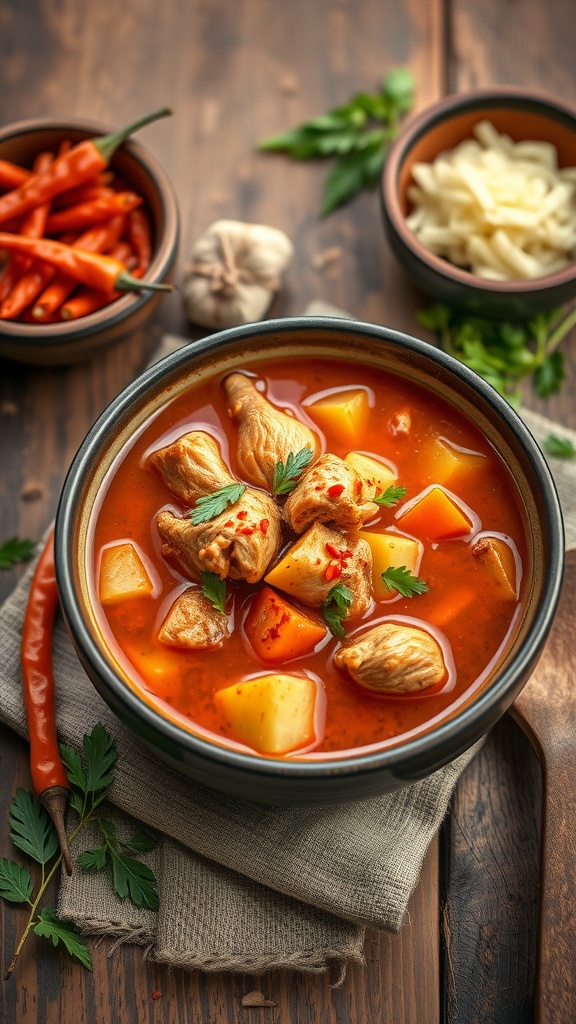 A bowl of spicy chicken and vegetable soup with potatoes, chili peppers, and fresh herbs.
