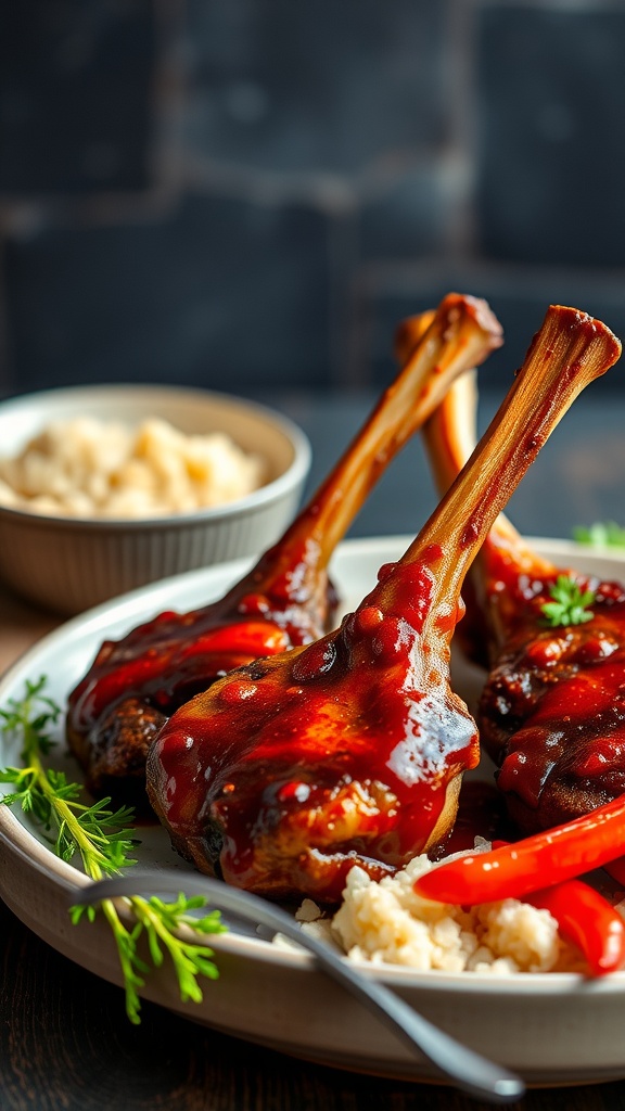 Plate of spicy chili lamb chops with a side of mashed potatoes and peppers.