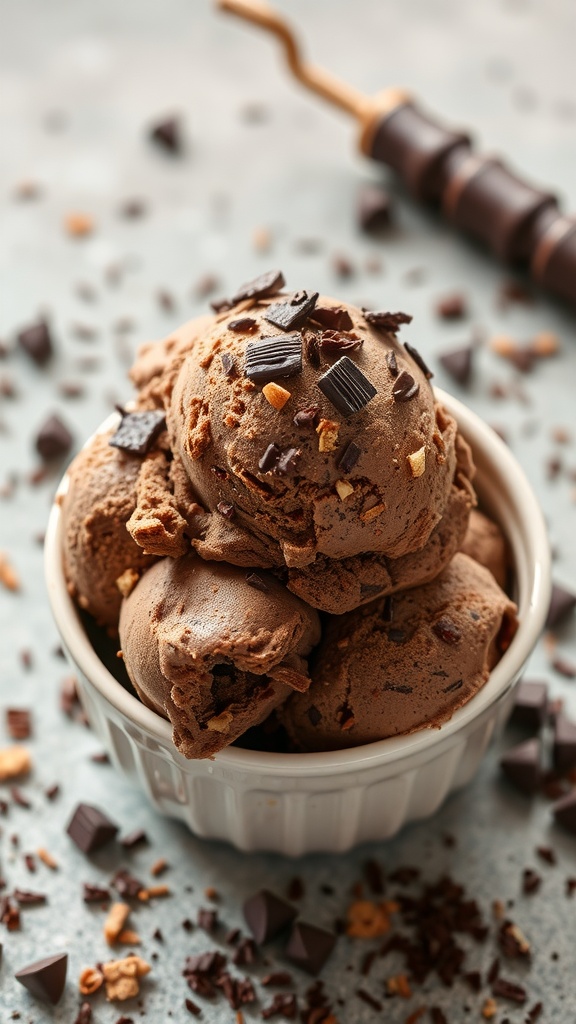A bowl of spicy chocolate keto ice cream topped with chocolate chips and surrounded by chocolate shavings.