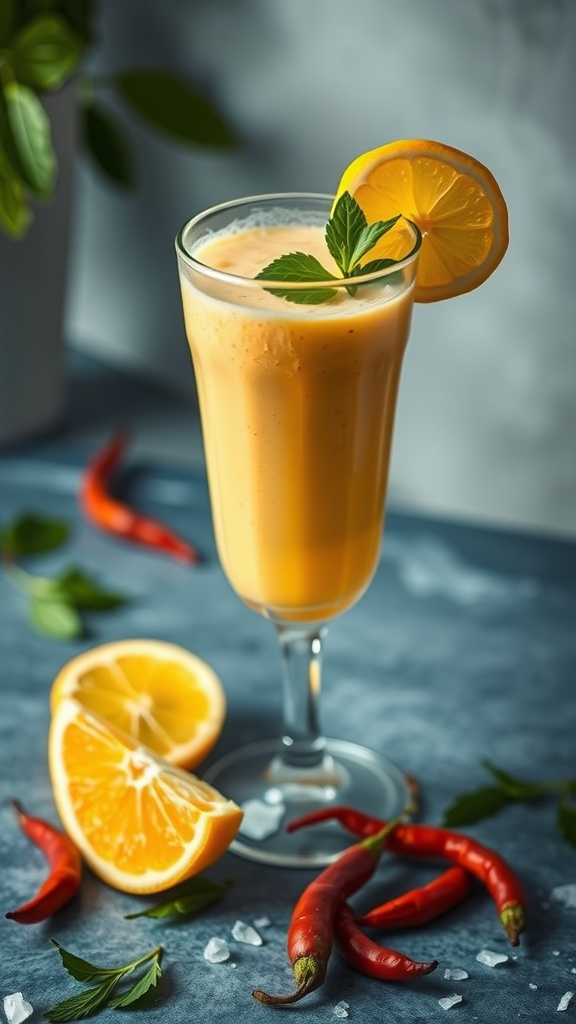 A refreshing spicy citrus smoothie with vibrant colors and garnished with lemon and mint.