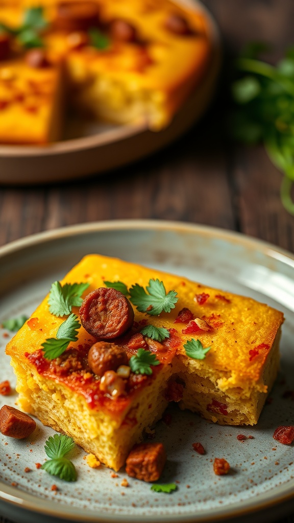 Spicy cornbread with chorizo topped with fresh cilantro