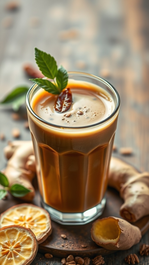 A refreshing Spicy Ginger Coffee Smoothie in a glass with ginger root and lemon slices