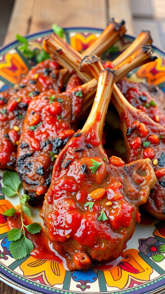 A plate of spicy harissa lamb chops garnished with herbs and a colorful border