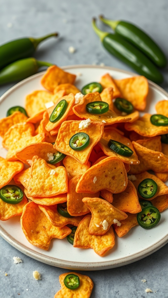 A plate of spicy jalapeño cheddar crisps with slices of jalapeño on top.