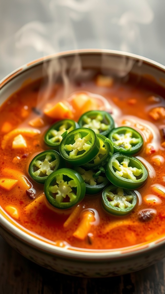 A bowl of spicy jalapeño kick keto taco soup, garnished with fresh jalapeño slices.