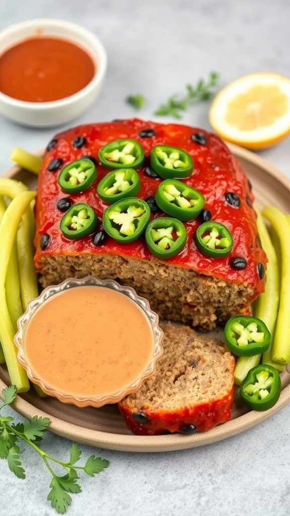 Spicy Jalapeño Meatloaf with jalapeño slices on top and dipping sauce