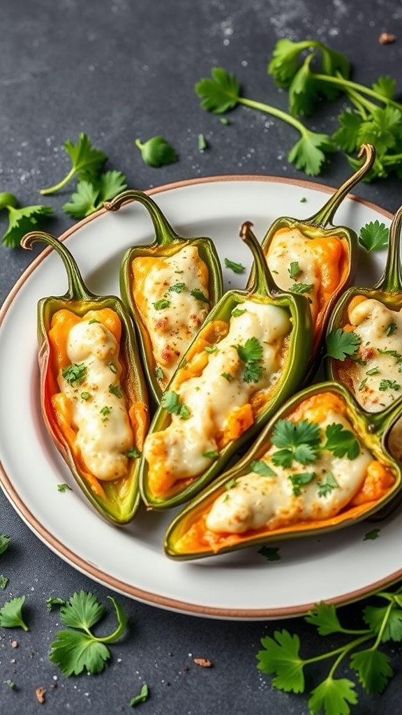 Plate of spicy jalapeño poppers topped with fresh cilantro