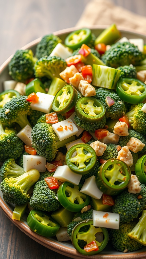 A bowl of colorful broccoli salad with jalapeños, cheese, and other vegetables.
