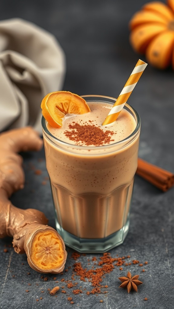 A delicious spicy maca and ginger smoothie in a glass, garnished with a slice of orange and a straw.