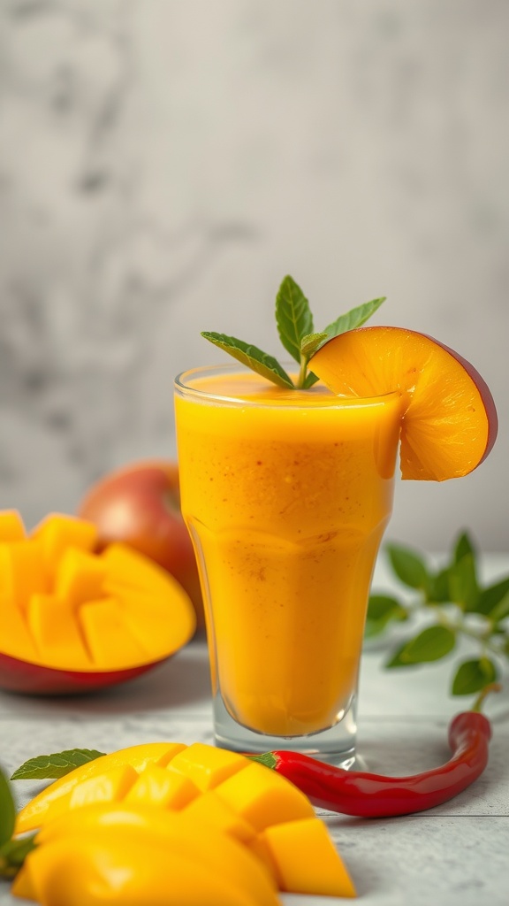 A vibrant glass of Spicy Mango Kick smoothie with mango slices and a chili pepper beside it.