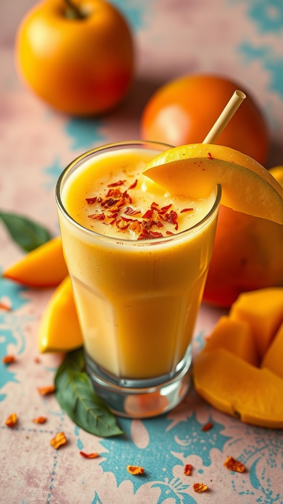 A spicy mango smoothie in a glass garnished with a mango slice and topped with red pepper flakes.