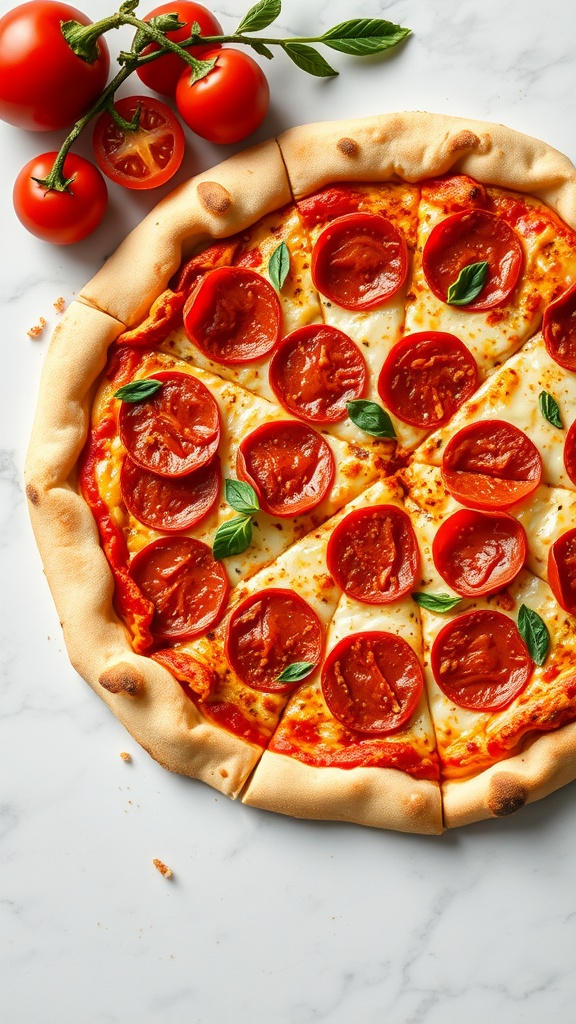 A delicious spicy pepperoni keto pizza with a golden crust and fresh basil.