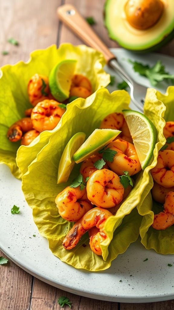 Spicy shrimp tacos served in lettuce wraps with lime and cilantro garnish