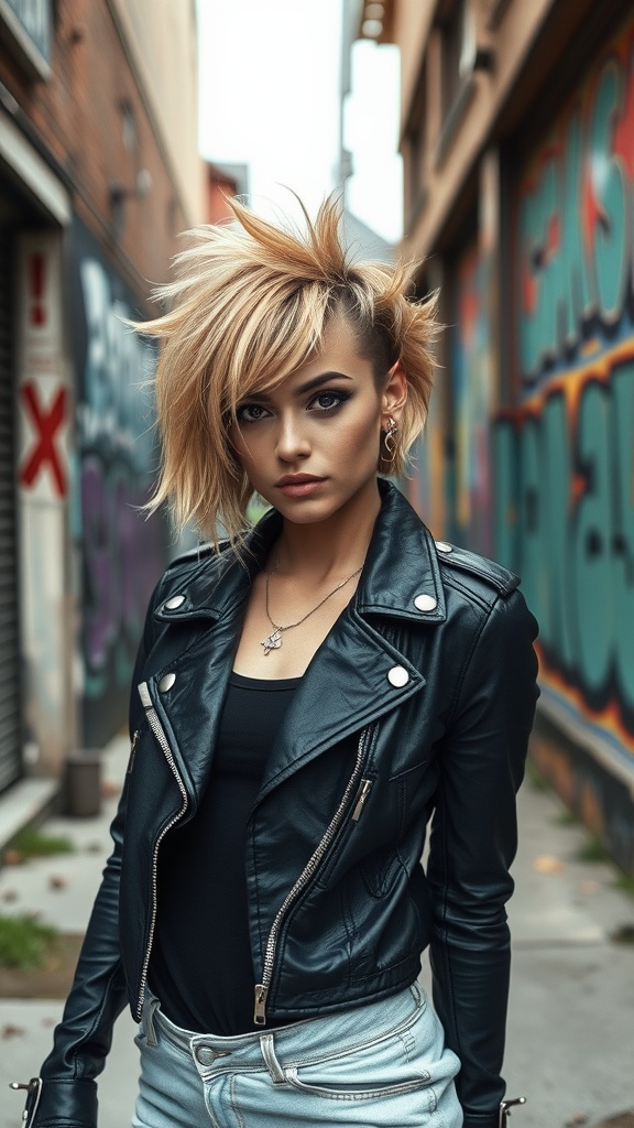 A person with a spiky choppy bob hairstyle, wearing a black leather jacket, against a colorful street background.
