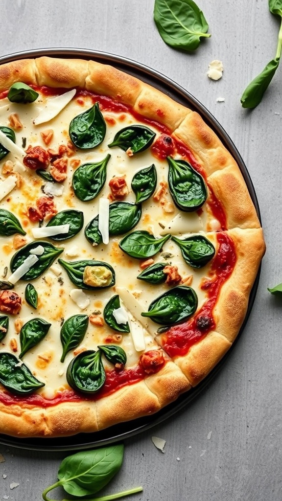 A delicious Spinach and Artichoke Keto Pizza with fresh spinach and artichoke toppings