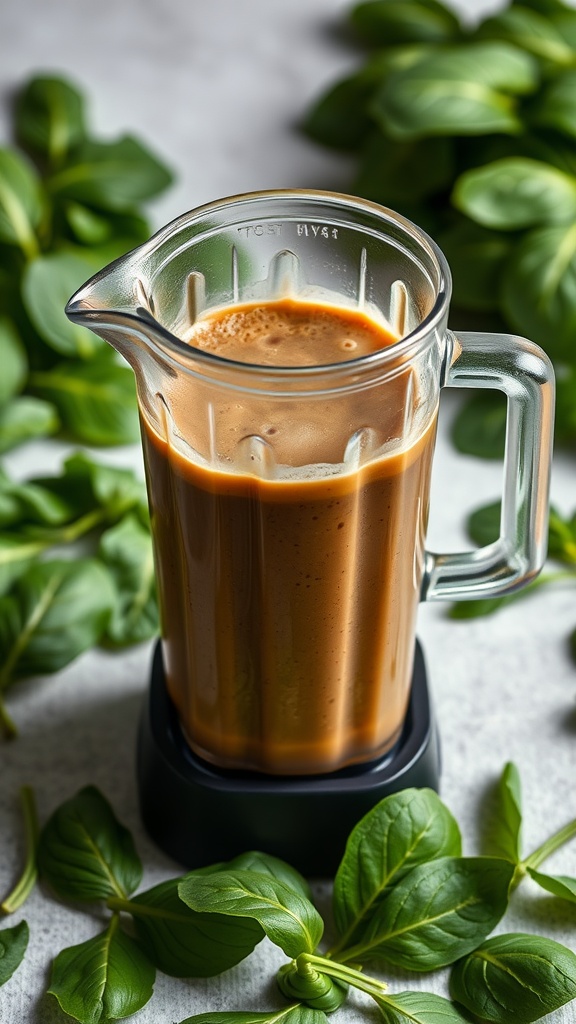 A glass jug of spinach and coffee protein shake surrounded by fresh spinach leaves.