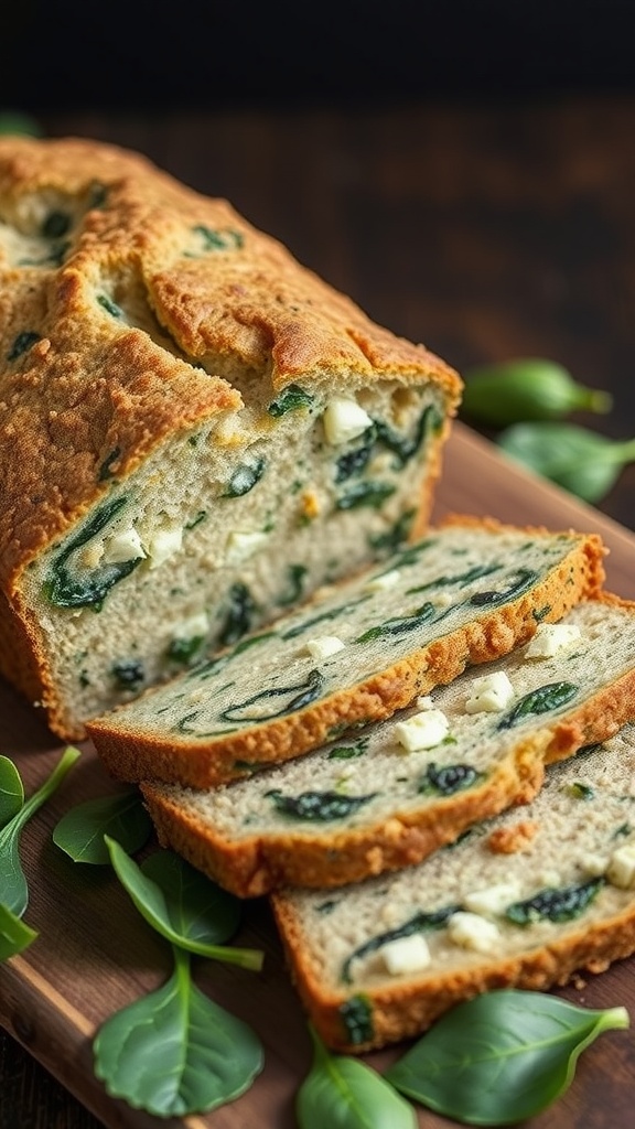 Freshly baked spinach and feta bread, sliced and presented on a wooden board.