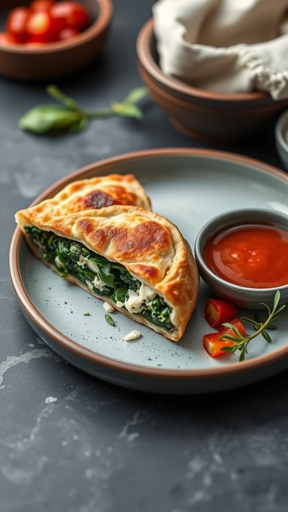 A delicious spinach and feta chaffle served on a plate with dipping sauce.