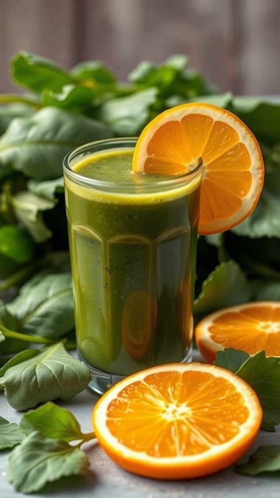 A refreshing green smoothie with spinach and orange slices, showcasing a healthy drink option.
