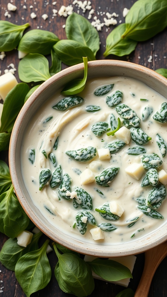 Bowl of creamy spinach and ricotta filling for lasagna