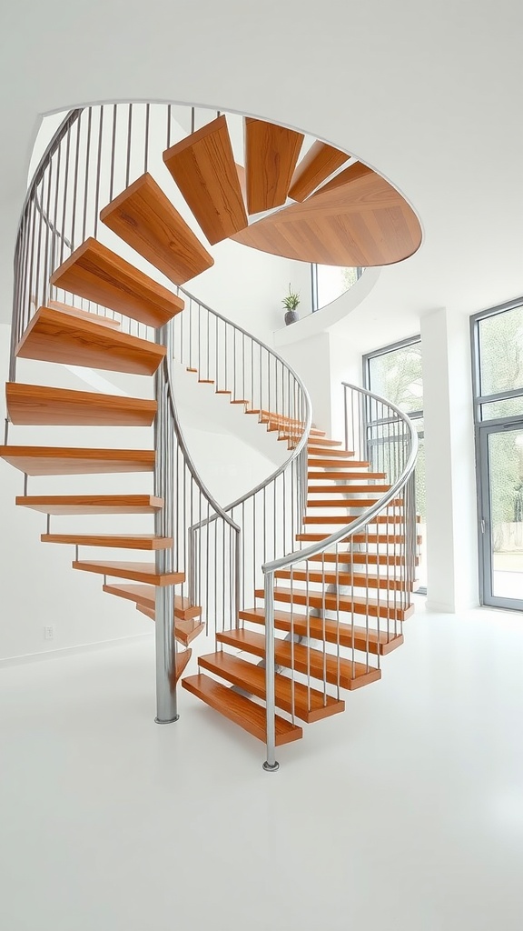 A modern spiral staircase with wooden steps and metal railings, set in a bright interior.