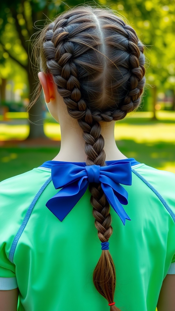Back view of a girl with braided hair secured with a blue bow, wearing a green sporty outfit.