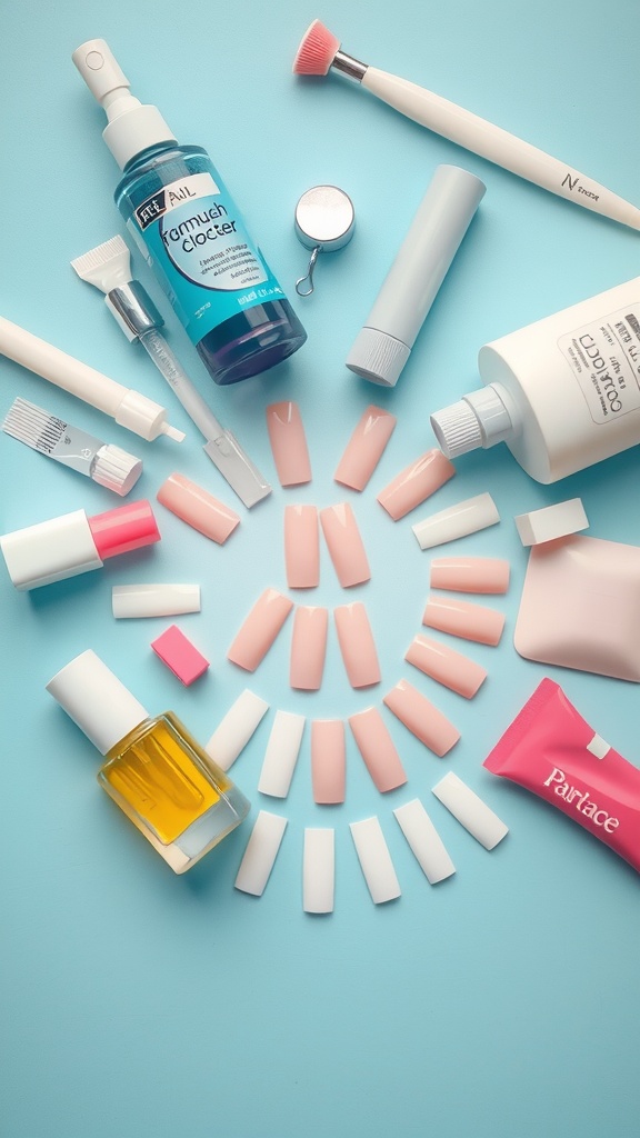 Image of square acrylic nails and nail care products