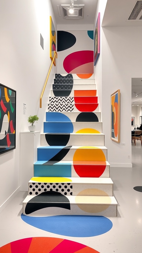 Colorful staircase with abstract patterns and designs