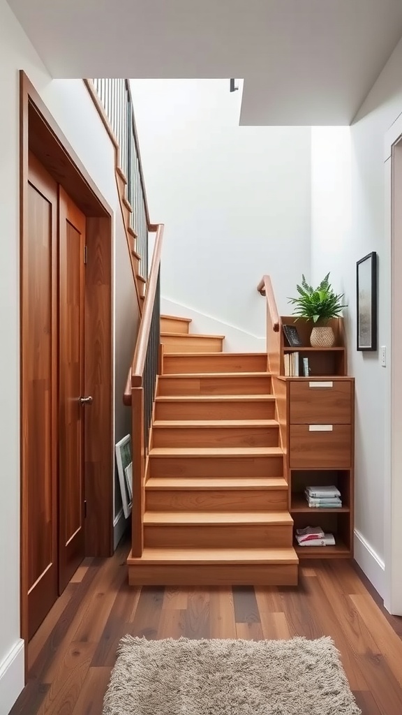 A wooden staircase with built-in storage and a cozy rug at the bottom.