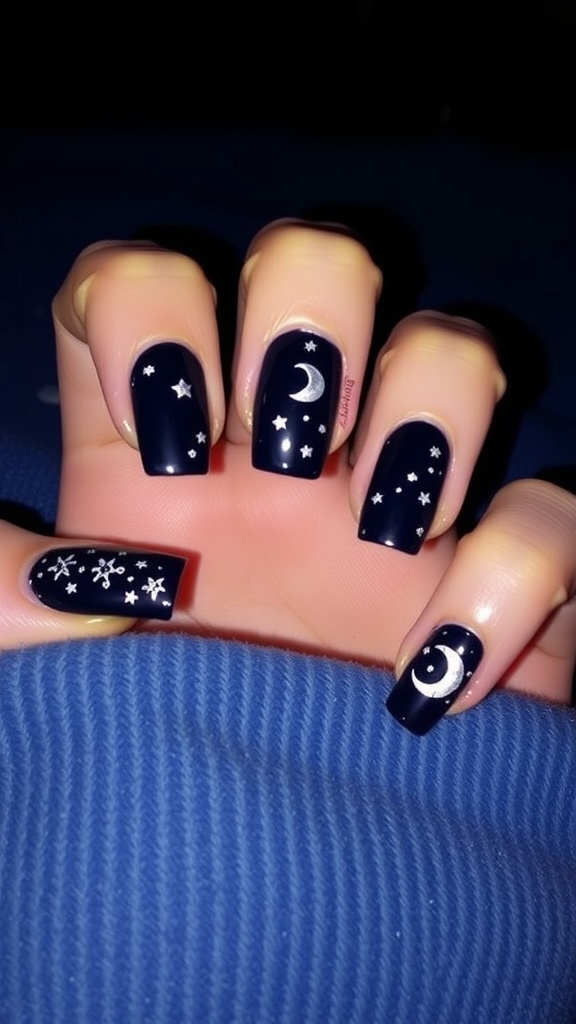 Nails painted dark blue with star and moon designs.