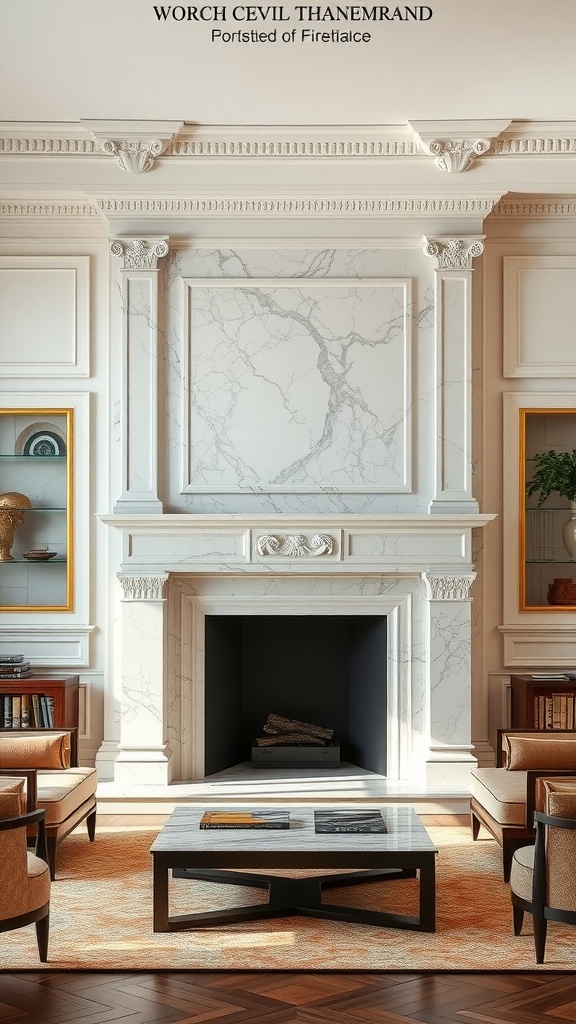 A neoclassical living room featuring a grand marble fireplace with detailed moldings.