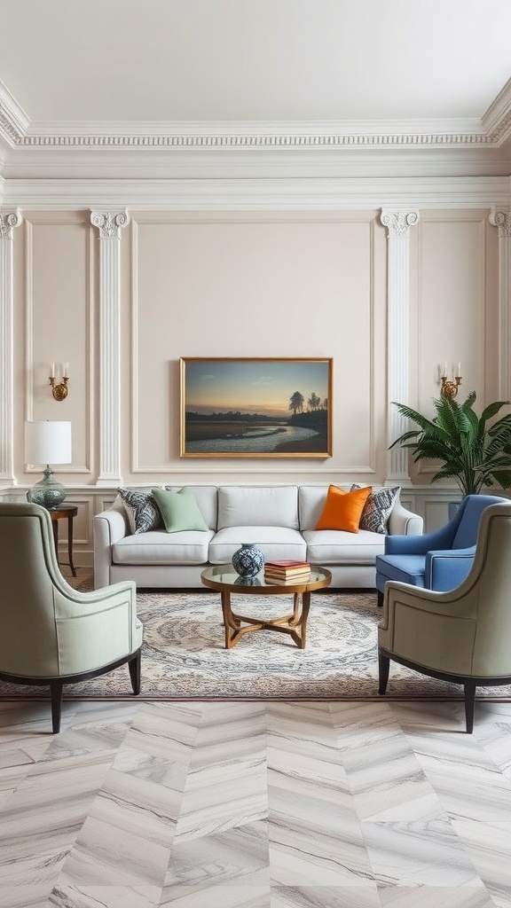 Neoclassical living room featuring elegant armchairs, a stylish coffee table, and decorative elements.