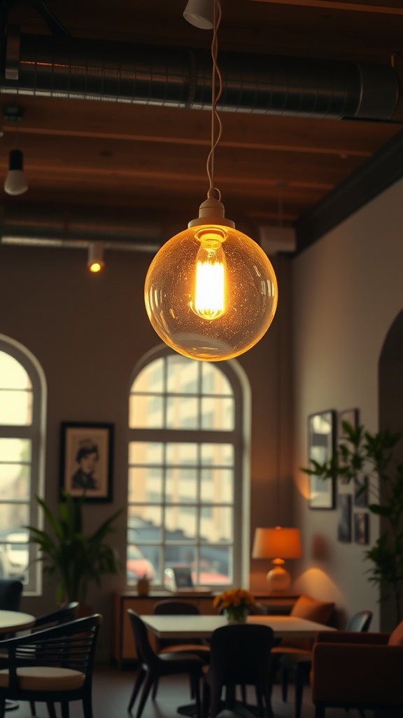 A pendant light with a clear glass shade and visible filament bulb hanging in a stylish interior.