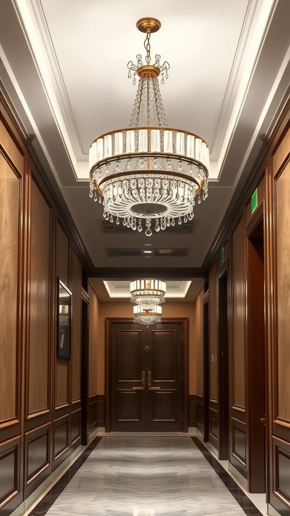 A luxurious hallway featuring elegant chandeliers and wooden paneling.