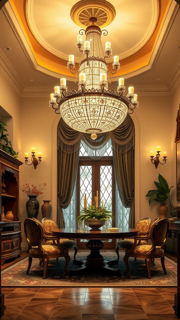 A beautifully designed Mediterranean-style dining area featuring an ornate chandelier and elegant furnishings.