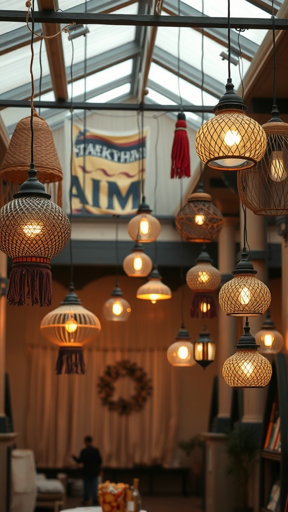 A collection of boho-style pendant lights hanging in a bright space.