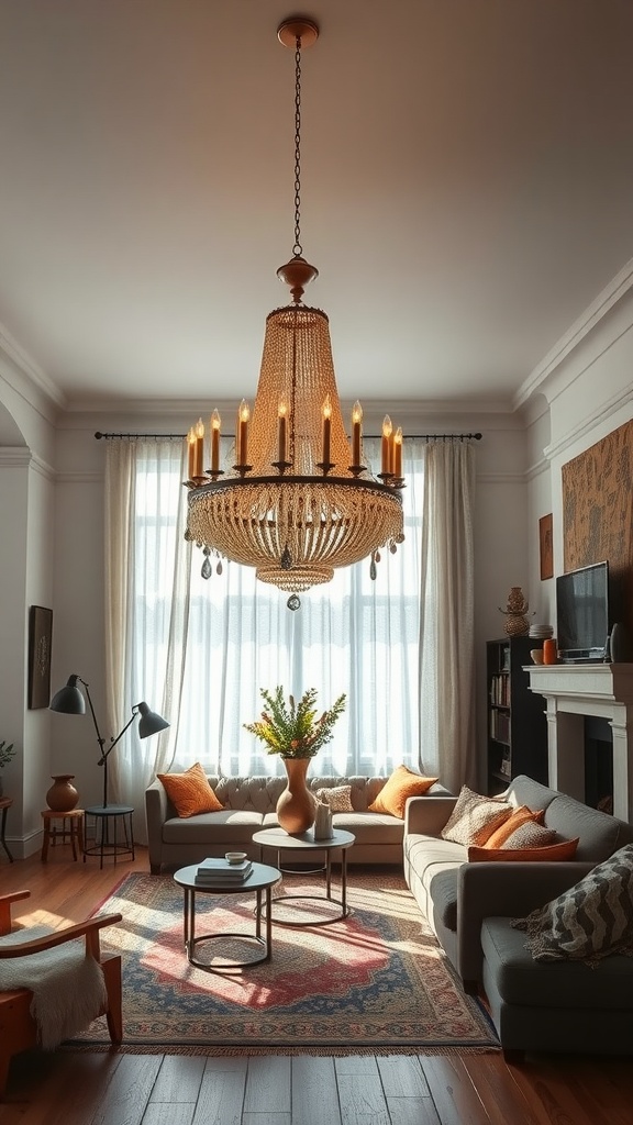 A bohemian living room featuring a large chandelier and cozy seating arrangements.