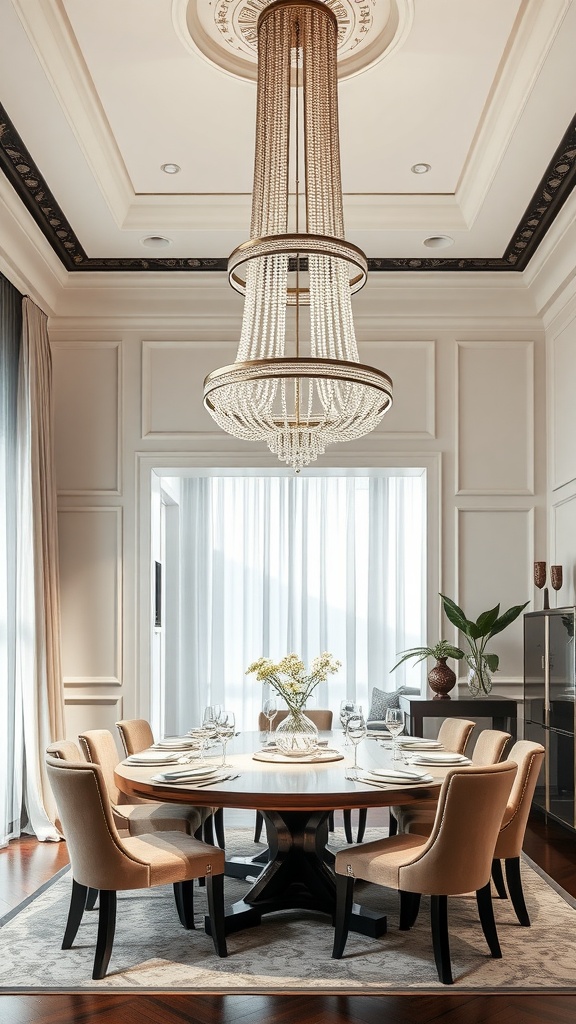 A modern dining area featuring a large chandelier with beads hanging from the ceiling, surrounded by a round dining table and elegant chairs.