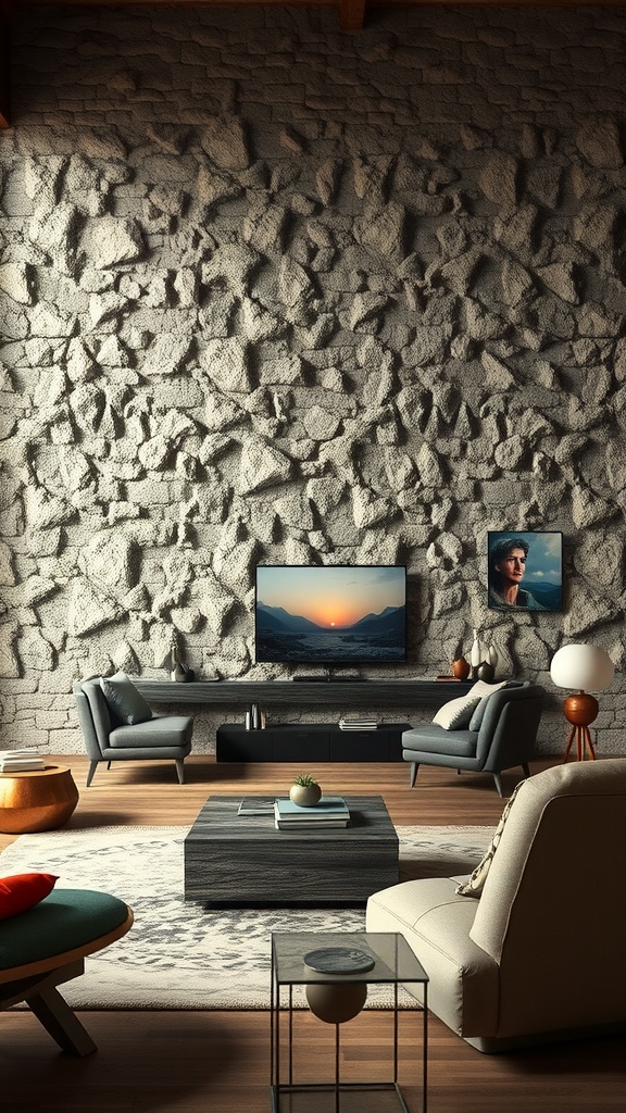 A cozy living room featuring a large textured stone wall, stylish furniture, and a warm atmosphere.