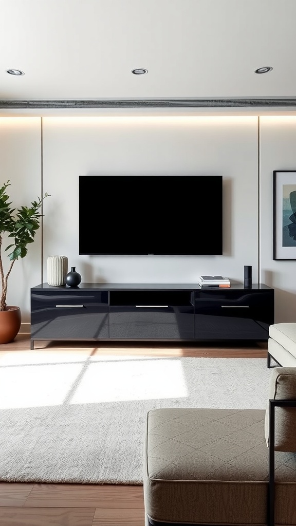 A modern, sleek TV unit with a wall-mounted TV, surrounded by minimalist decor.