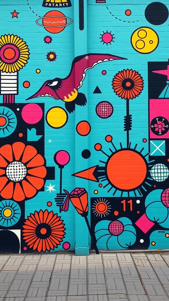 A colorful mural featuring flowers, abstract shapes, and a bird, embodying retro futurism style.