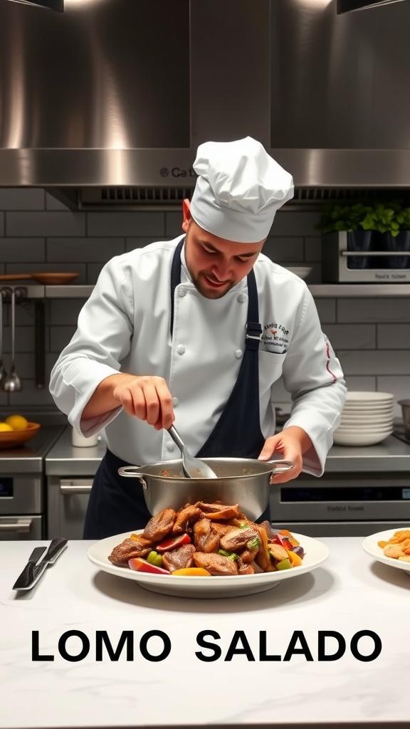 A chef preparing Lomo Saltado, a Peruvian dish featuring beef, onions, and tomatoes.