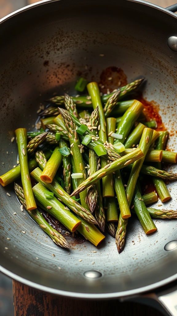 A pan of stir-fried asparagus with sesame and green onions.