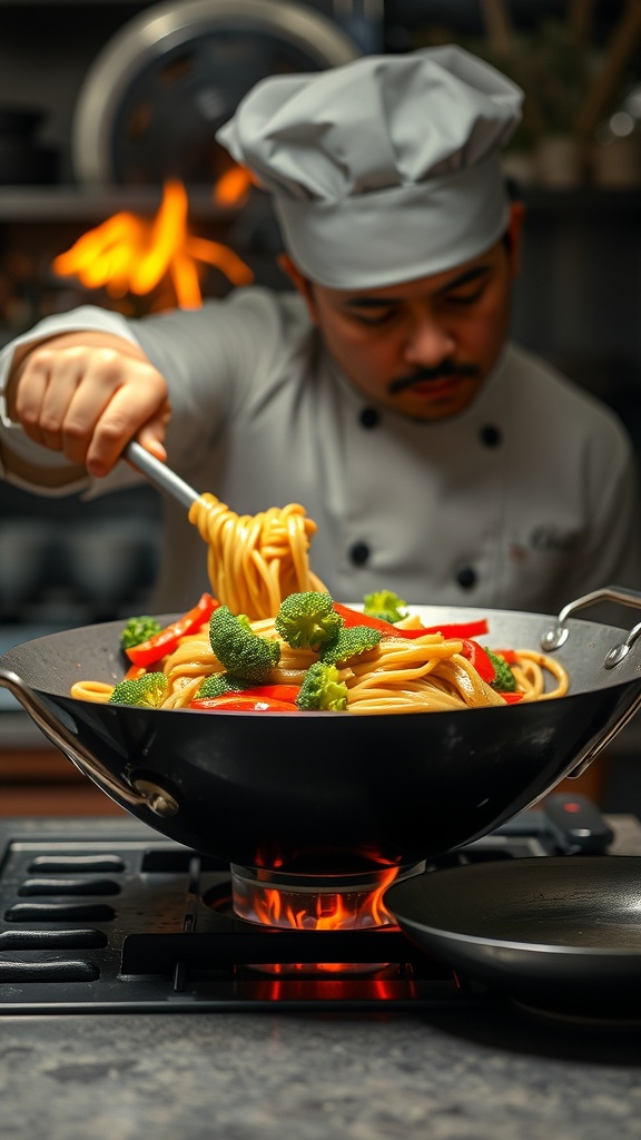A chef stir-frying Hakka noodles with vegetables in a wok.
