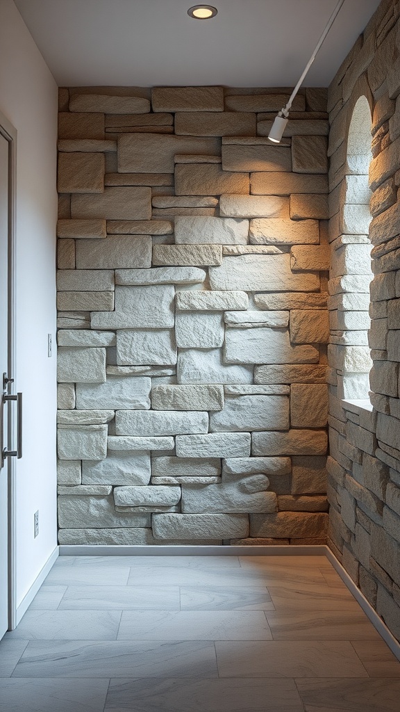 Interior view of a small space with a stone wall, featuring modern lighting.