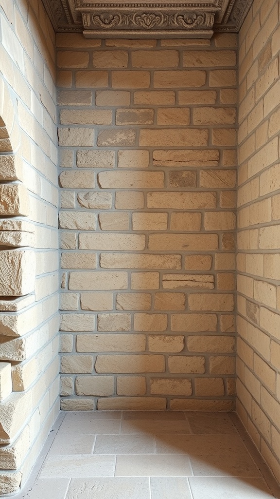 Interior stone wall with a light color and decorative ceiling detail.