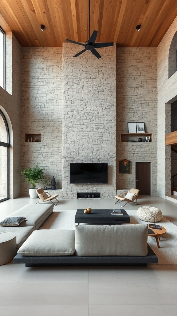 A spacious living room with a stone wall, modern furniture, and wooden ceiling.